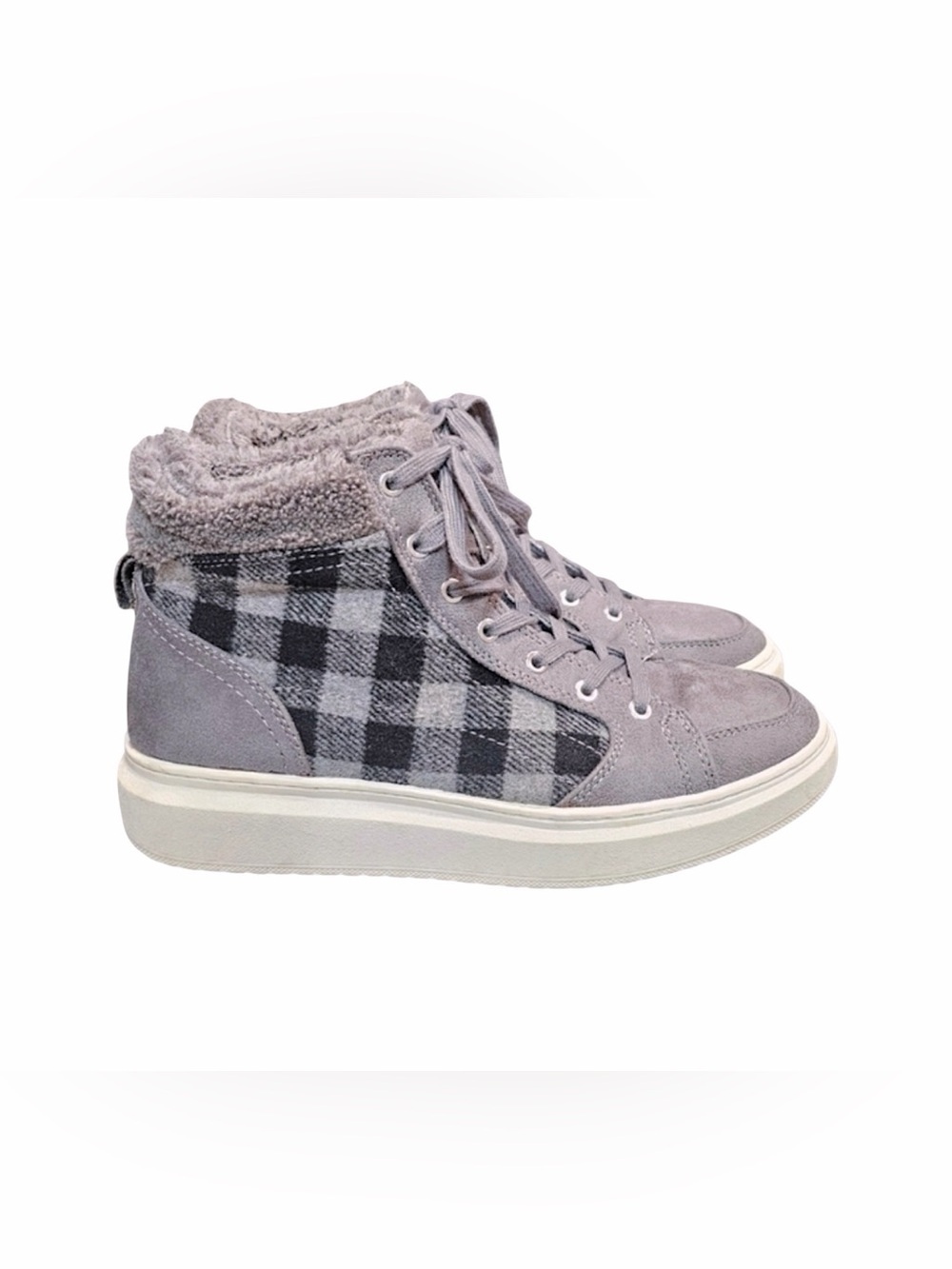 Marc Fisher Fellow High Top Plaid Sherpa Lace Up Sneakers Size 9.5 Gray Plaid